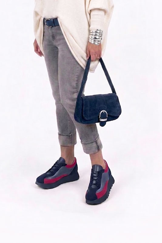 Dress sneakers in navy blue, prussian blue and fuchsia pink leather with thick rubber soles and round toe - Worn view